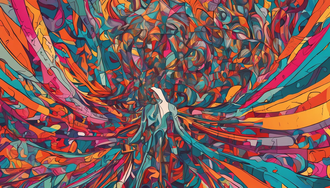 In a surreal world of dreams and nightmares, emerge una figura mitad humano, mitad esqueleto, surrounded by a whirlwind of colors and abstract shapes that create a sense of constant movement