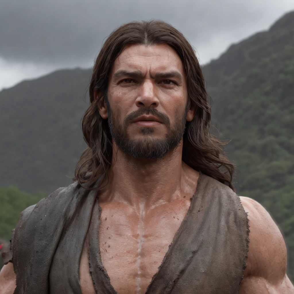 (Professional 3D rendering:1.3) de (Realistic:1.3) Foto de arte mais bonita do mundo,Features soft, bright male heroes, ((Epic hero fantasy rough muscular man wet hero angry look long hair short beard and fierce expression in dynamic pose, fantastic location, majestoso ambiente desordenado)), corpo inteiro 8k unidade render, action shot, poros da pele, very dark lighting, sombreamento pesado, circunstanciado, Rosto detalhado, (vibrante, fotogrdeia realista, Realistic, Dramatic, Escuro, foco nítido, 8k), (Old leather clothes damaged by bad weather:1.4), ((((Use peles)))), (intrincado:1.4), decadente, (altamente detalhado:1.4), pintura digital, rendering by octane, art stations, Conceito-Arte, liso, foco nítido, illustration, germe da arte, (Loish:0.23), Wlop Ilya Kuvshinov, e Greg Rutkowski e Alphonse Mucha Gracias, (global ilumination, studiolight, Light Volumetric), chuva forte, floating particles, patife, fantasia, Onze, corpo inteiroesbian, ((Fundo escuro e antigo da cidade:1.3)),CGSesociedade,art stations