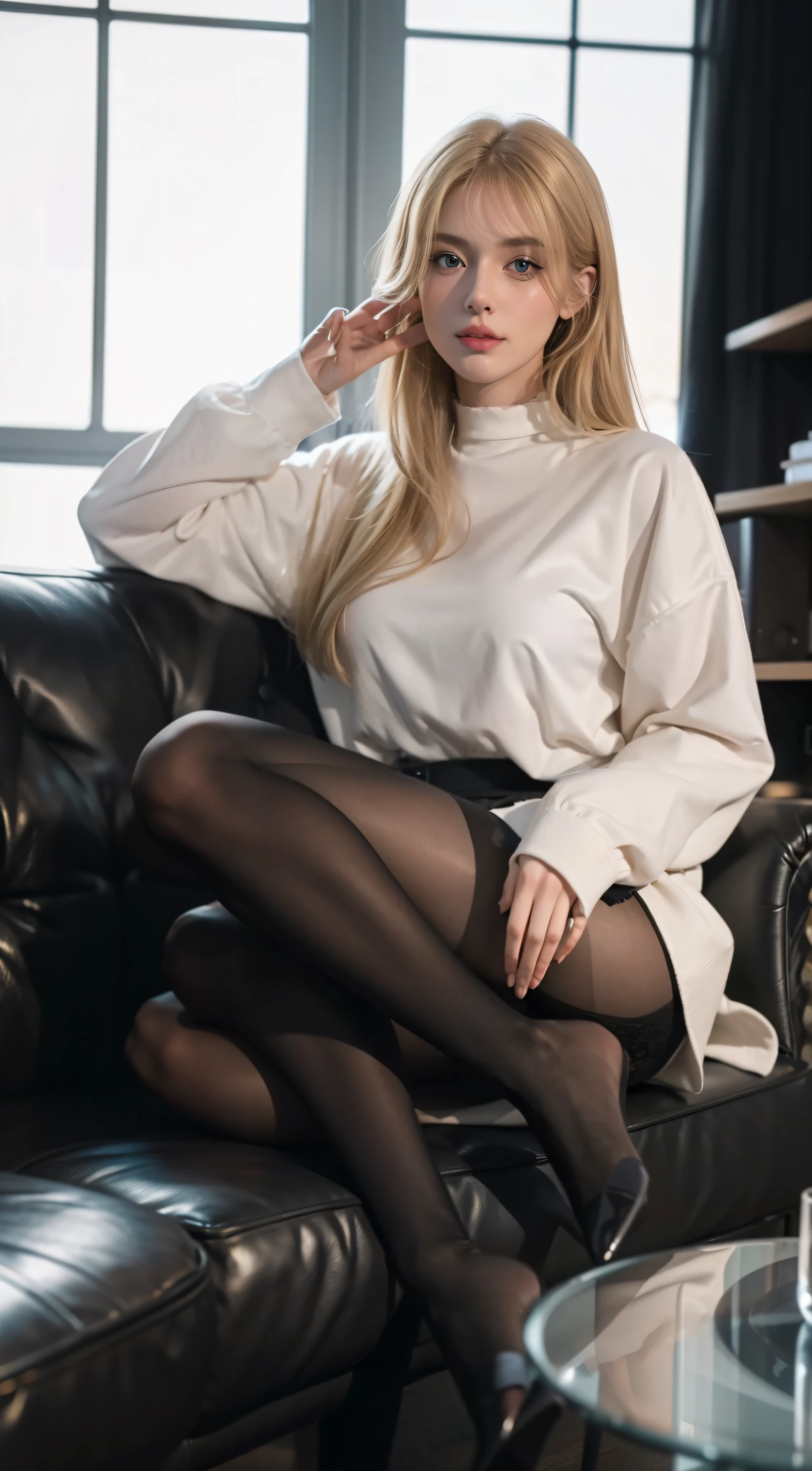 (Ganzkörperesbian:1.5)，(1girll:1.3),(Sehen Sie sich den Viewer an:1.4)，beautiful hands, five finger, schmal, hellblonde, small boobs, very thin,(Anatomie richtig:1.4),(Opaque tights and pointy heels :1.3),(Auf dem Sofa im Wohnzimmer sitzen:1.2),(Trage einen Rock mit hoher Taille:1.2),(sehr langes blondes Haar:1.2),(Precise and perfect face:1.3),(lange Beine:1.3),hyper HD, Rochen-Traching, Reflektierendes Licht， strukturell korrekt, awards winning, Hohe Detailgenauigkeit, Schattenkontrast verblassen, Gesichtsbeleuchtung ，Filmische Beleuchtung, Meisterwerk, Super Detaillierung, High quality, Hohe Detailgenauigkeit, best quality, 16k，Hoher Kontrast,