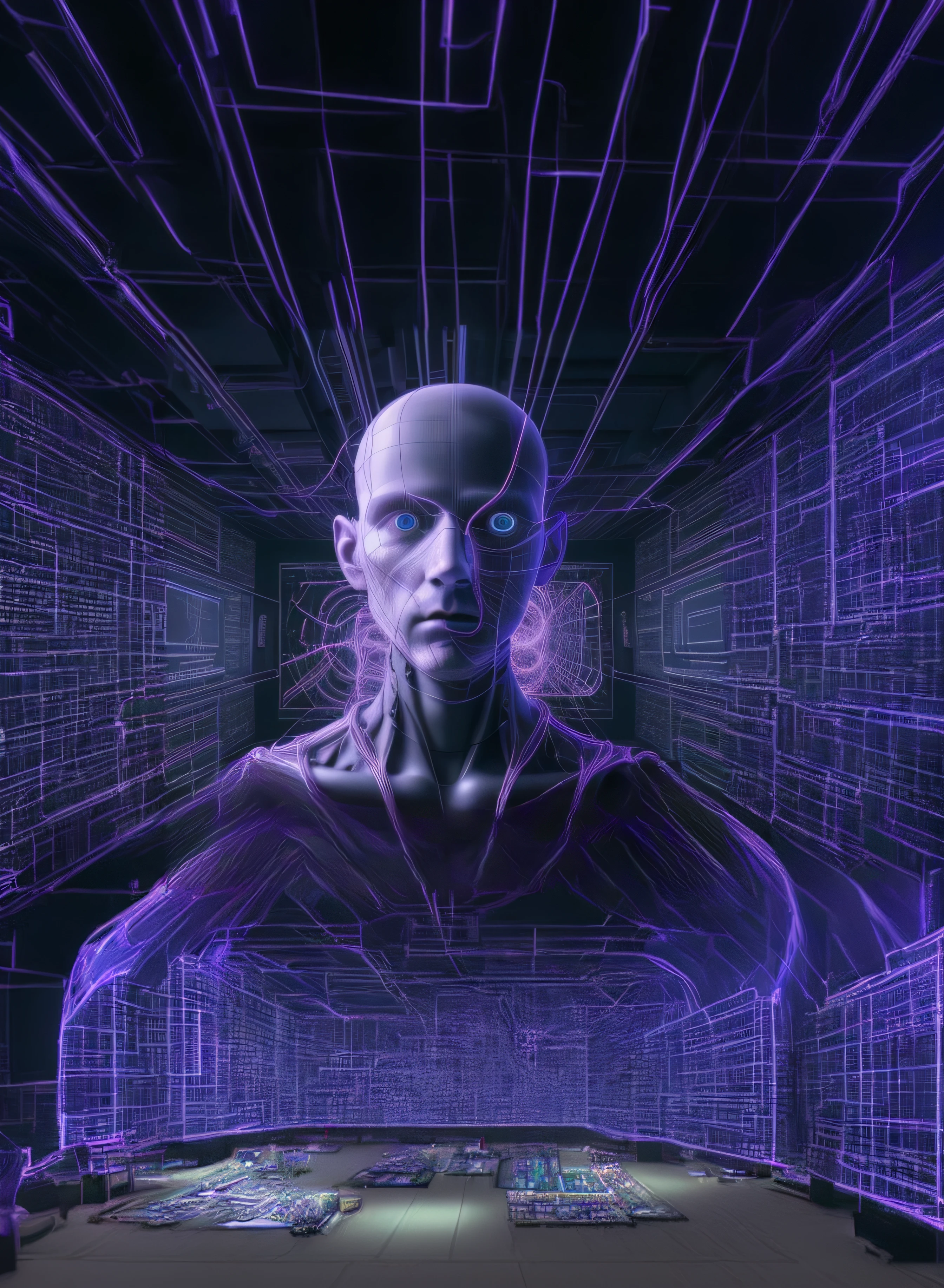It creates a 3D image: a room surrounded by LCD screens on its walls
