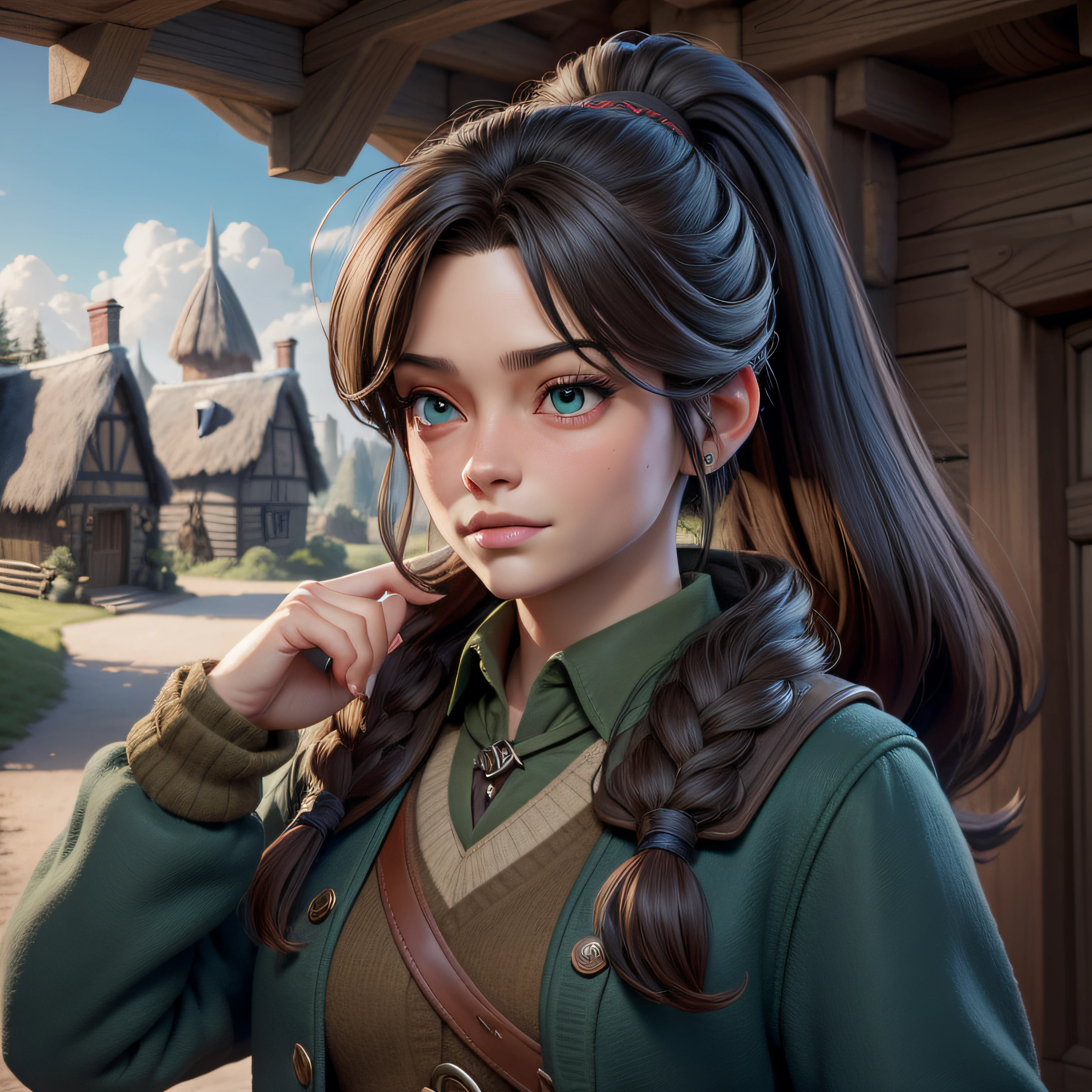 tmasterpiece, beste-Qualit, Travail de rendu 3d, Style 3dMM, 3d, Kristin Kreuk, pretty brunette with a ponytail and beautiful green eyes, wearing a Hogwarts school outfit corresponding to the Ravenclaw House. looking to the side, Realstic, Outside background in front of Hagrid's hut, on y voit Hagrid, The bearded semi-giant, looking away, separate lips. Very wide shot to see the background.