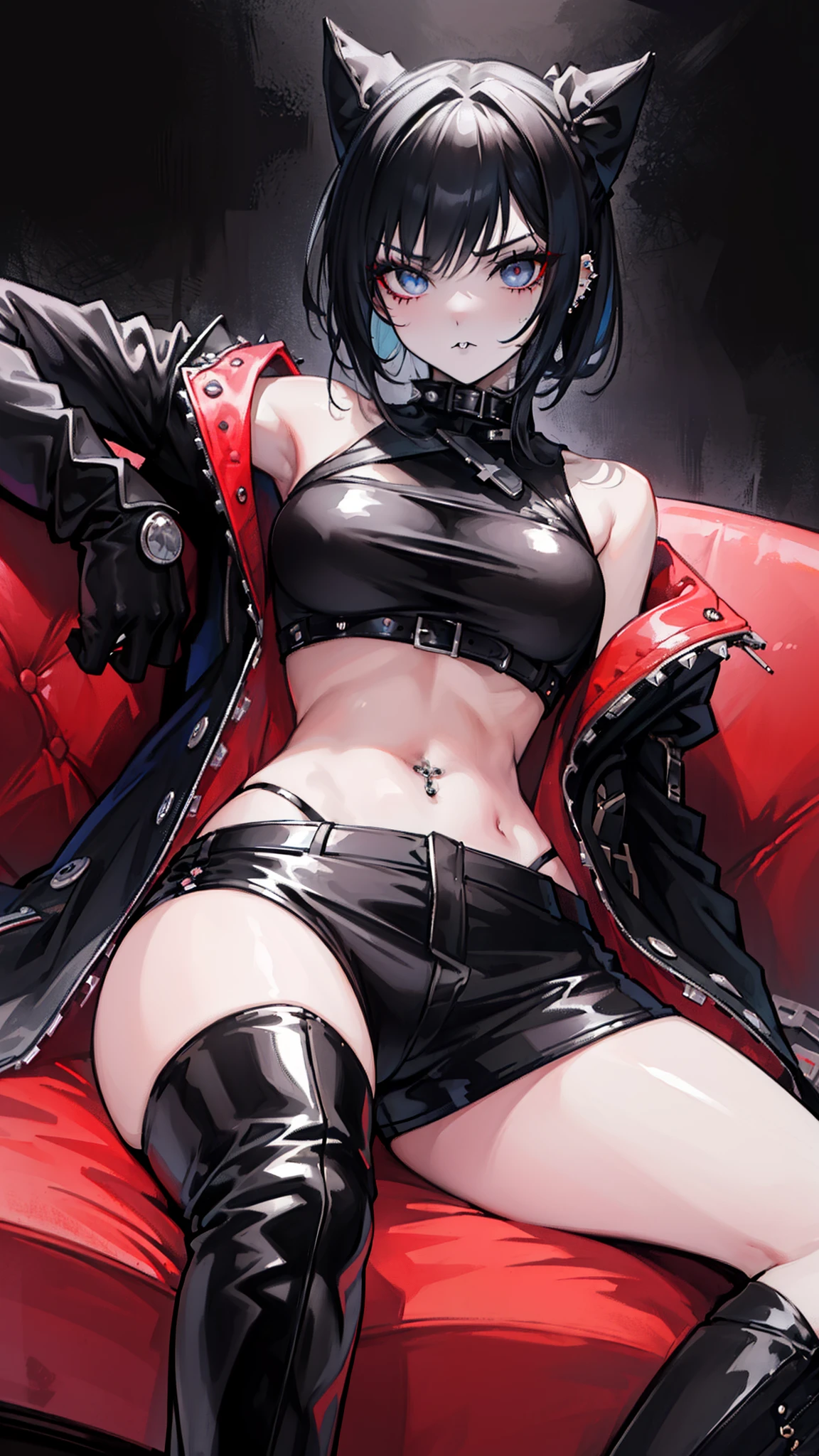 Masterpiece, Best quality, Extremely detailed, A gothic girl at a party, crop top noir, spiked collar, black lips, colored inner hair, veste en cuir noir, shorts en cuir noir, Bottes en cuir noir, piercing, nombril, Sofa, assis, legs apart, night club,