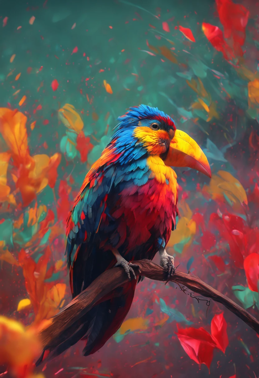 Create an impressionist painting with the head of a bird, (olhando para a frente) , Sober, (fundo preto), UHD 8k, Very high quality for excellent printing. Lighting that highlights the figure in relation to the background, cores verde, amarelo e vermelho,