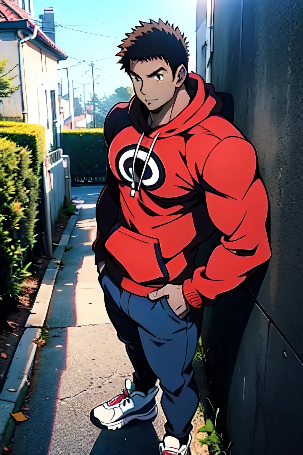 (((arte estilo anime))), Homem extremamente musculoso, corpo de bodybuilder, imagem de corpo inteiro, Imagem lateral, wearing a hooded sweater covering his head, Character is leaning against a wall with his hands in his pockets, em uma rua movimentada com muitas pessoas passando pela cena, Misterioso Protagonista do anime, Strong character with blouse and hood covering head, protagonista do anime (((arte estilo anime))), Character leaning against the wall with his hands in his pockets. encostado na parede, hand in pockets, hood on head, rua movimentada, pessoas na cena, cidade movimentada, varias pessoas andando na rua, protagonista encostado no meio da rua, Propriedades Altas.