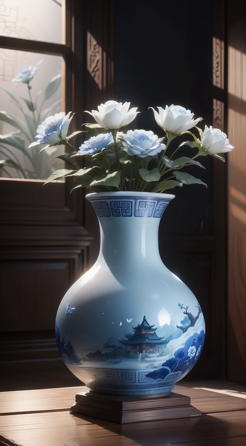 Ancient Chinese blue and white porcelain vase，Close-up of details，,Well-made porcelain vases，Sleek shape，There is a dragon-shaped sculpture around the bottle，Delicate blue and white glass，The porcelain vase has exquisite painting patterns on it，Porcelain white bottle，Pattern of the blue line，Intricate patterns of ancient animals and figures，Dazzling light，Elevation viewing angle，In the background is an old Chinese living room，Carved wooden coffee table，Features a layered depth of field effect（light and shadow effect），（Depth of field effect），（Tyndall），（Light particle tracing），（CG），（Cinematic lighting visuals），（Volumetriclighting），（Unreal 5），（cinema4d），（vivd colour）,（Obvious layers）,（Photography Award）,（8k wallpaper）,（Masterpiece）,（best qualtiy）, photorealestic，realisticlying