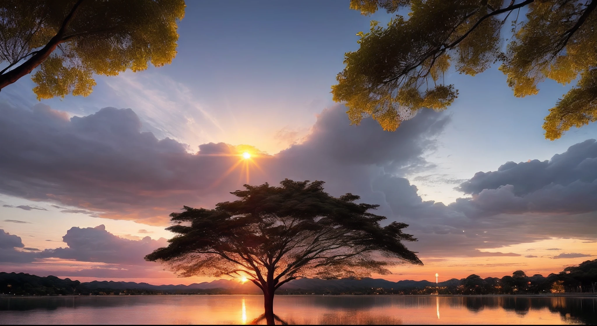 natureza, ao ar livre, sem seres humanos, lago, palmeira, nuvem, entardecer, water, sol, heaven, tropical, sun sunset, tree, paisagem, formato 1metro de largura por 60 de altura, tudo muito real, cada detalhe iguais ao real