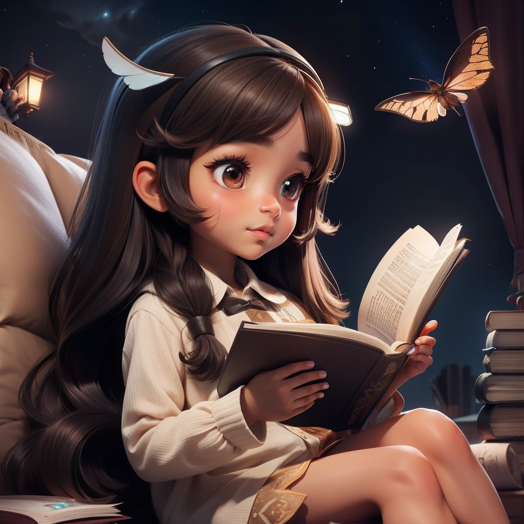 A brown skin little cute girl, with long hair, reading a magical book, night vision, flying batterflies