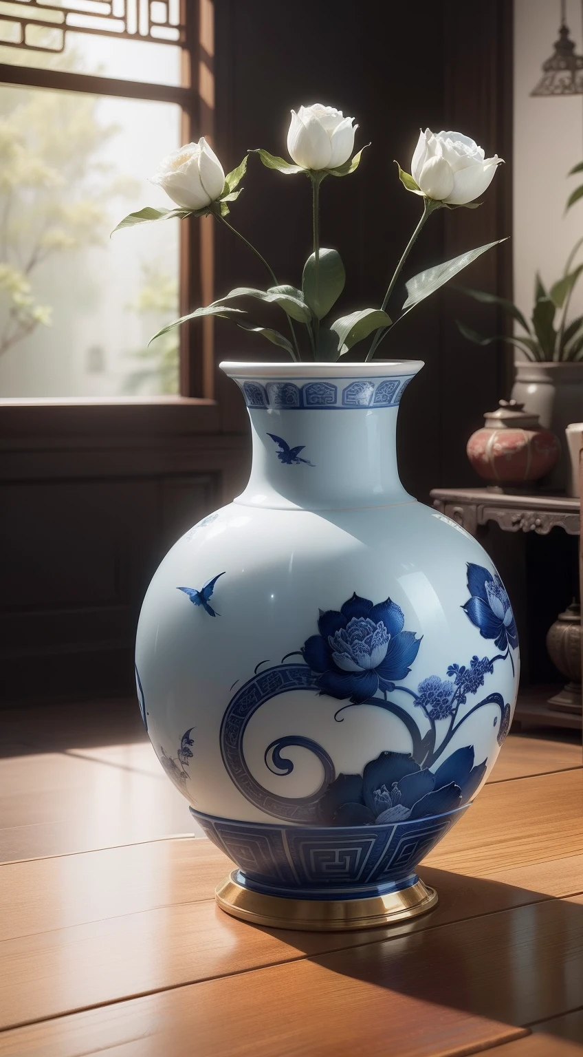 Ancient Chinese blue and white porcelain vase，Close-up of details，,Well-made porcelain vases，Sleek shape，There are coiled dragon ears，Fine blue and white glass，The porcelain vase has exquisite painting patterns on it，Porcelain white bottle，Pattern of the blue line，Engraved with beautiful patterns，Dazzling light，Elevation viewing angle，In the background is an old Chinese living room，Carved wooden coffee table，Features a layered depth of field effect（light and shadow effect），（Depth of field effect），（Tyndall），（Light particle tracing），（CG），（Cinematic lighting visuals），（Volumetriclighting），（Unreal 5），（cinema4d），（vivd colour）,（Obvious layers）,（Photography Award）,（8k wallpaper）,（Masterpiece）,（best qualtiy）, photorealestic，realisticlying