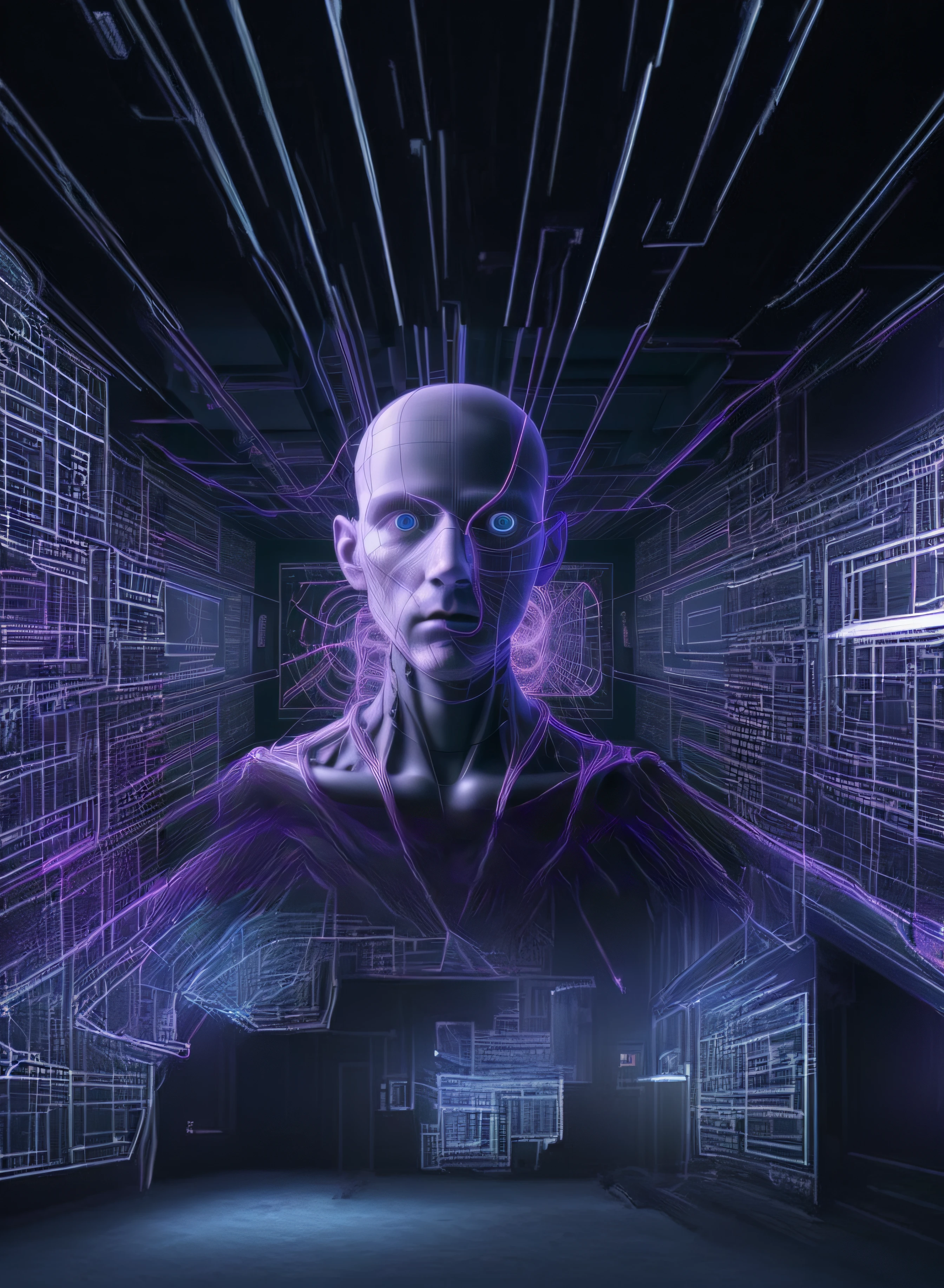 It creates a 3D image: a room surrounded by LCD screens on its walls