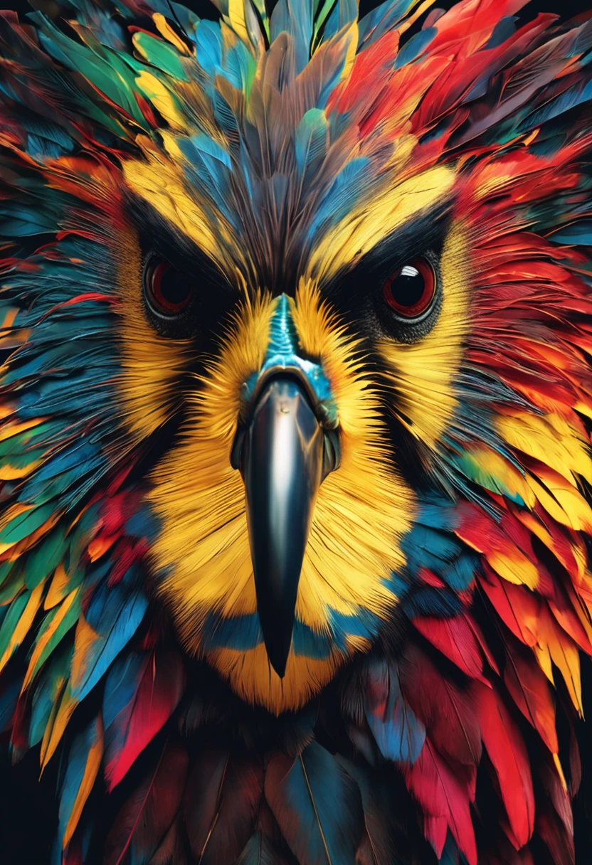 Create an impressionist painting with the head of a bird, (olhando para a frente) , Sober, (fundo preto), UHD 8k, Very high quality for excellent printing. Lighting that highlights the figure in relation to the background, cores verde, amarelo e vermelho,