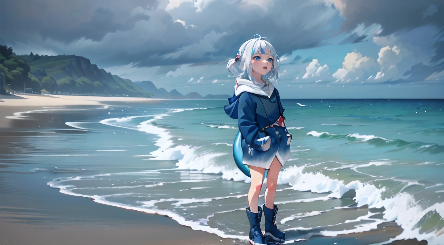 Gawr Gura, rainy beach, standing up, dark blue baggy hoodie, wide mouth on hoodie white sharp teeth on mouth red inside of mouth on hoodie, white hair **blue ends on white hair** blue ocean eyes, closed mouth, full body, standing, white small boots, blue socks, looking up at viewer, shark tail connected to butt