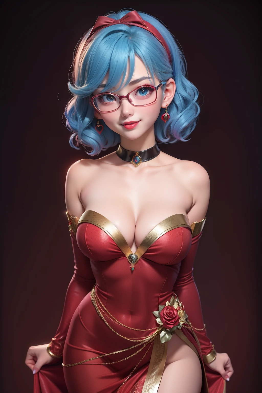 1 kawaii anime girl, nsfw, japanese girl, solo, bright aqua eyes, glasses, eyelids, blush, seductive smile, naughty expression, red lips, cute hair bangs, wavy short hair, bright aqua hair, red rose hairband, heart shape earings, collar, collarbone, sexy body, slim waist, navel, natural medium breast, cleavage, flat chest, cleavage, detailed erotic red color wedding dress, gold and black color ornament on the dress, erotic pose, looking at viewer, flat green background, upper body