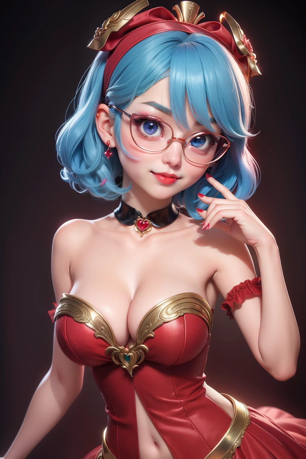 1 kawaii anime girl, nsfw, japanese girl, solo, bright aqua eyes, glasses, eyelids, blush, seductive smile, naughty expression, red lips, cute hair bangs, wavy short hair, bright aqua hair, red rose hairband, heart shape earings, collar, collarbone, sexy body, slim waist, navel, natural medium breast, cleavage, flat chest, cleavage, detailed erotic red color wedding dress, gold and black color ornament on the dress, erotic pose, looking at viewer, flat green background, upper body
