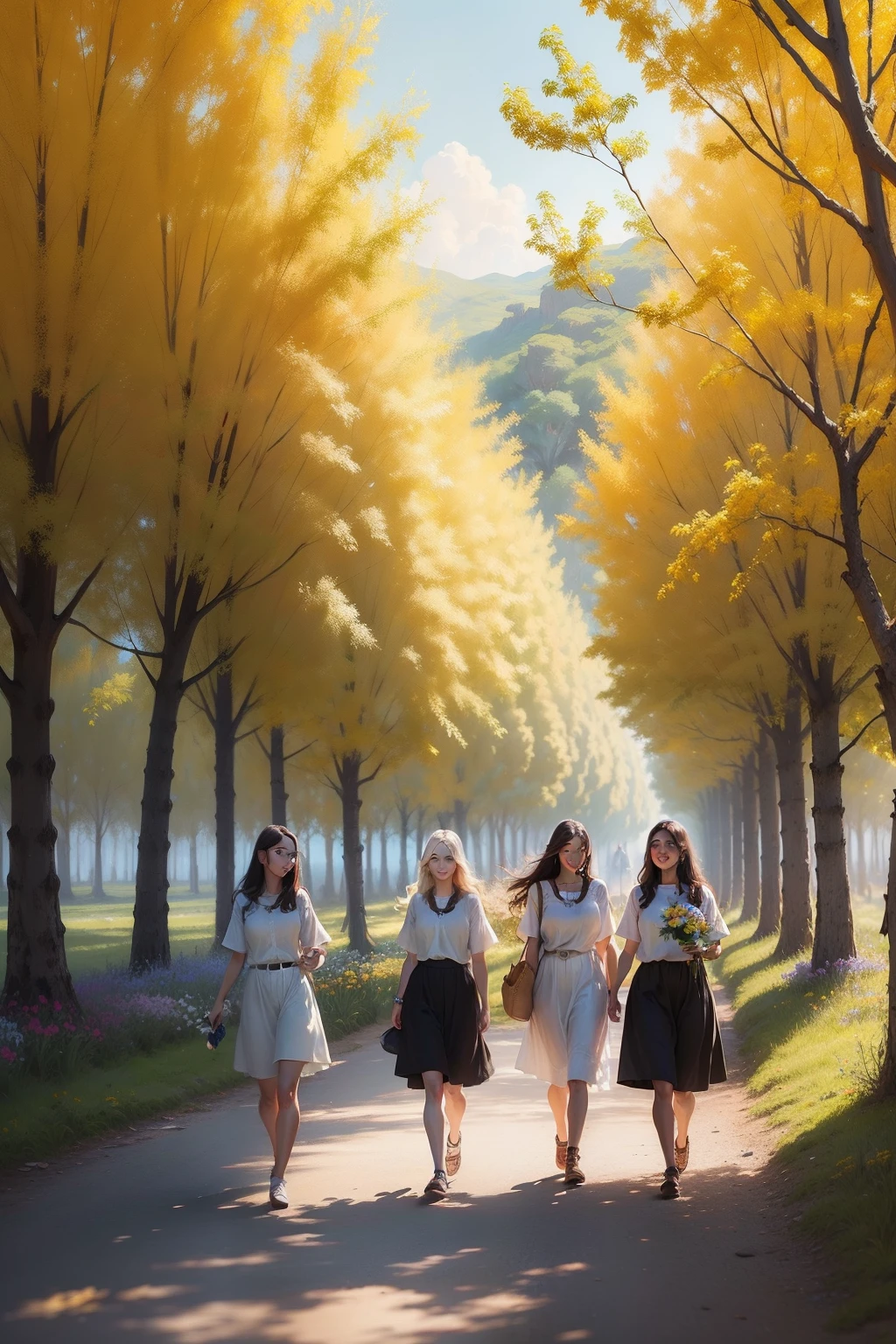 An impressive oil painting, super realista com diversas mulheres de meia-idade, lindas, Youthful and healthy appearance, amidst nature. Eles sorriem e caminham entre as flores de cores suaves. agudeza, super realista, cores suaves, lindas paisagens.