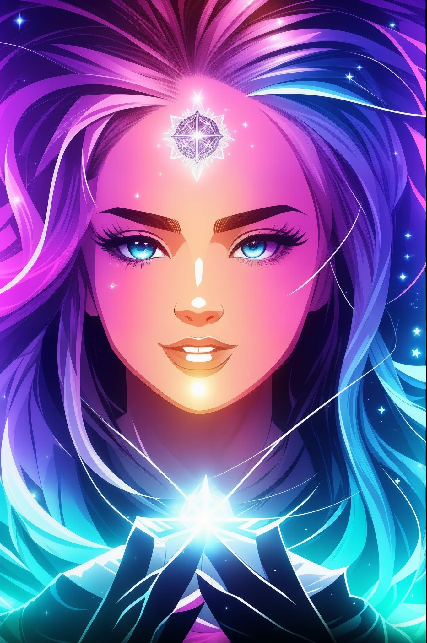 Mulher ninja com fone de ouvido sentido paz, olhos brilhantes com estrela, rosto bonito, cores RGB, cabelo rosa brilhante, colorido anime, fundo brilhante, Banner for youtube video, menina feliz, nuvens com cores RGB, cores RGB brilhantes, completo, ser celestial, garota gamer.
