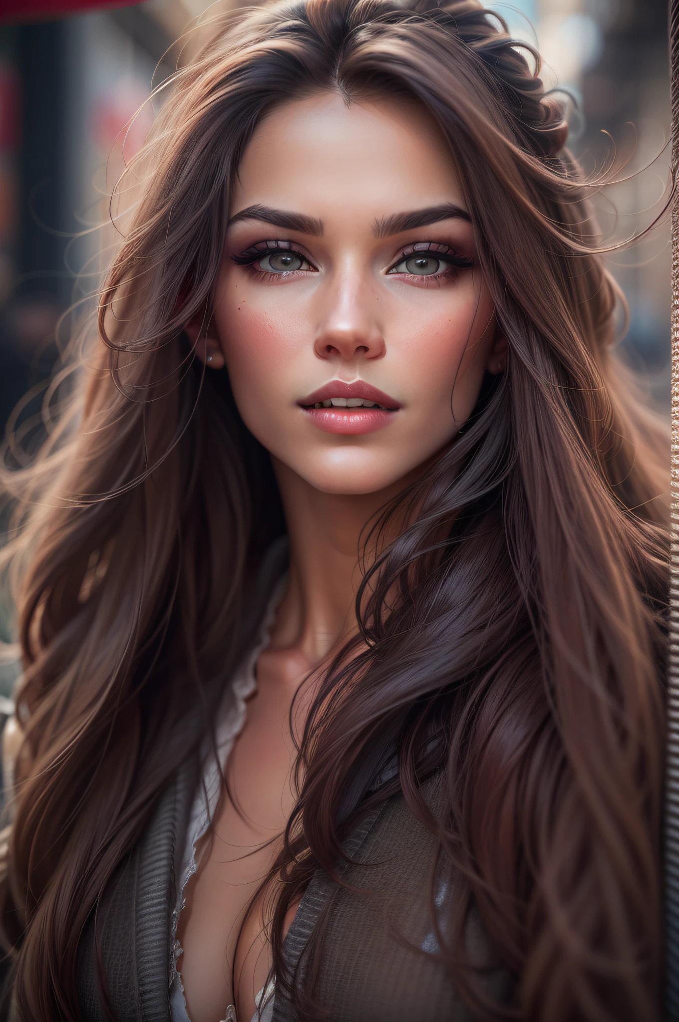 a woman with long hair, wearing casual clothes, walking in the city, realistic perfect face, beautiful woman face, glam make-up, dark eye make-up, dark brown hair and makeup, perfect face model, Arabella mist-splitter, perfect face ), beautiful lips:5 stylish, beautiful female face, attractive female face!!!, beautiful feminine face, beautiful makeup, perfect face!!
