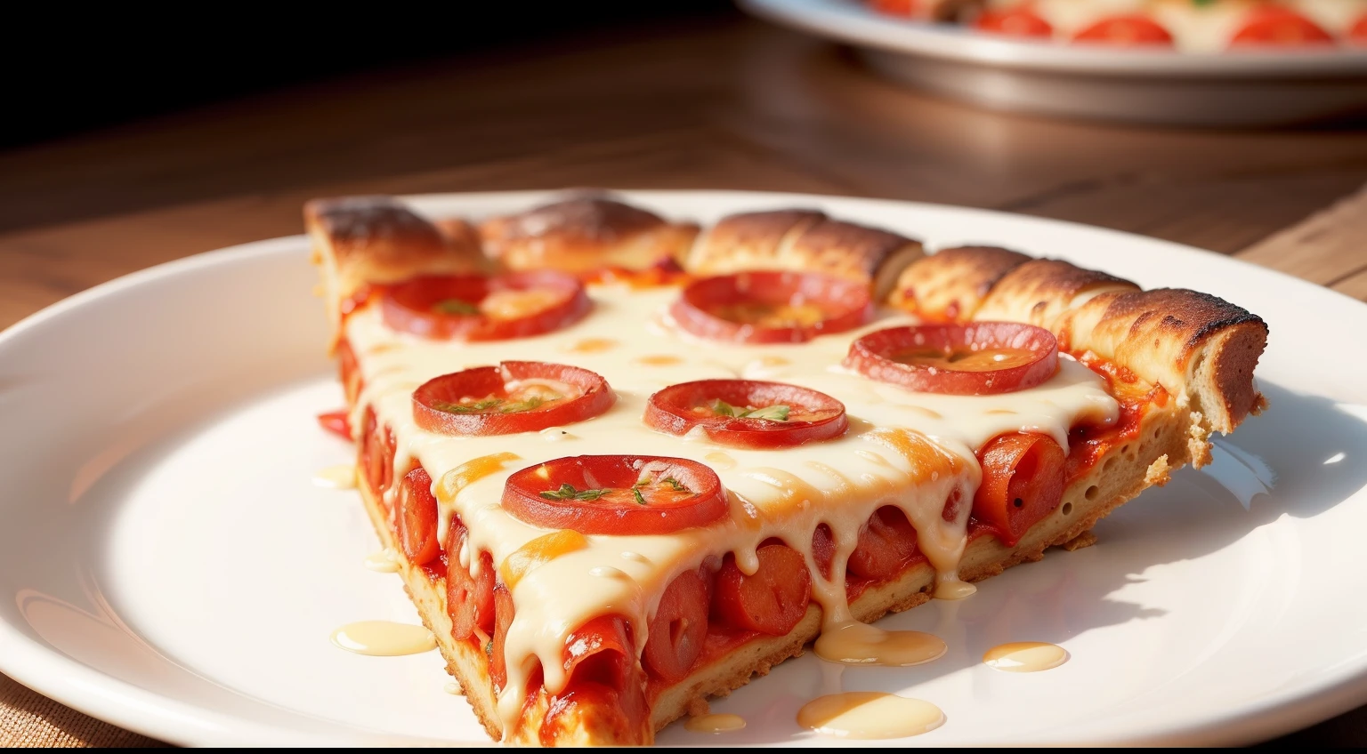 pizza suculenta com queijo derretido, pepperoni e azeitonas em destaque. This image should convey the irresistible indulgence of a slice of fresh pizza. Add a background that suggests a warm and inviting environment for a perfect meal.
