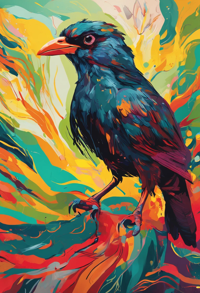 Crie uma pintura impressionista, Spontaneous realism, with the head of a bird, (olhando para a frente) , Sober, (fundo preto), UHD 8k, Very high quality for excellent printing. Lighting that highlights the figure in relation to the background, cores verde, amarelo e vermelho,