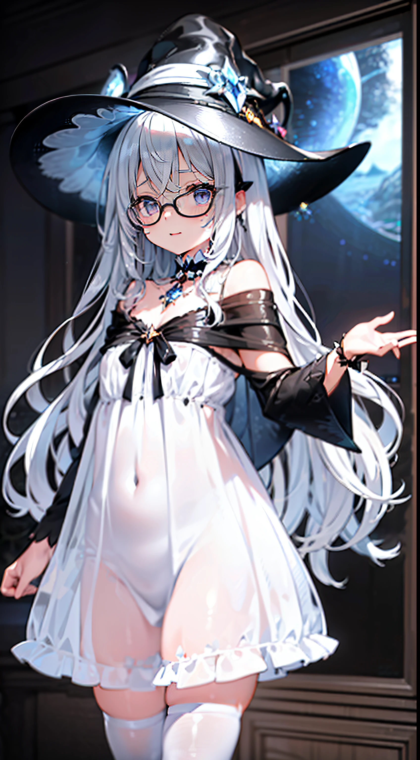 ((Best quality)), ((Masterpiece)), ((Ultra-detailed)), (illustration), (Detailed light), (An extremely delicate and beautiful),Dramatic perspective,A charming young girl,sorceress woman,Cute face,magestic,(Sexy figure),Black magic robe,Short black shawl,Big black witch hat,white dresses,Glasses,((Wave your big wand to cast spells)),((Rainbow magic)),rainbowing,(Colorful)