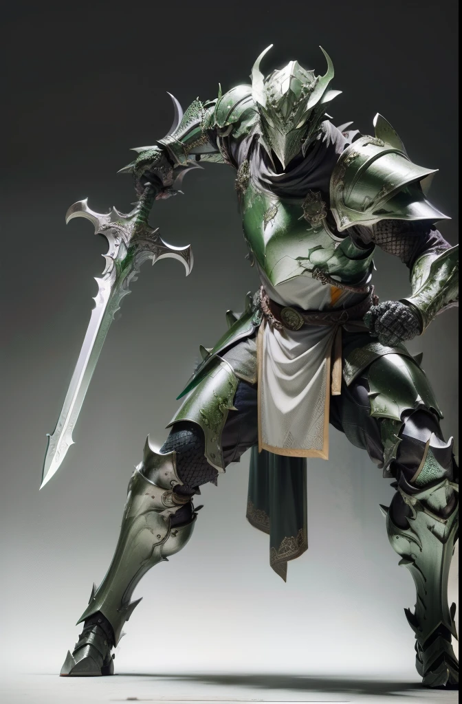 lizard swordman, full body armor, holding greatsword, battle stance, green scales, detailed, masterpiece, fantasy