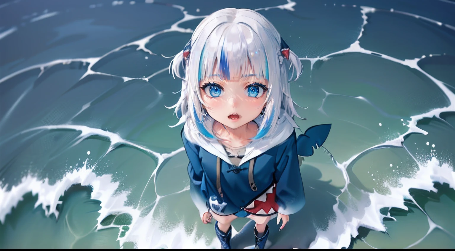 Gawr Gura, rainy beach, standing up, dark blue baggy hoodie, wide mouth on hoodie white sharp teeth on mouth red inside of mouth on hoodie, white hair **blue ends on white hair** blue ocean eyes, closed mouth, full body, standing, white small boots, blue socks, looking up at viewer, shark tail connected to butt