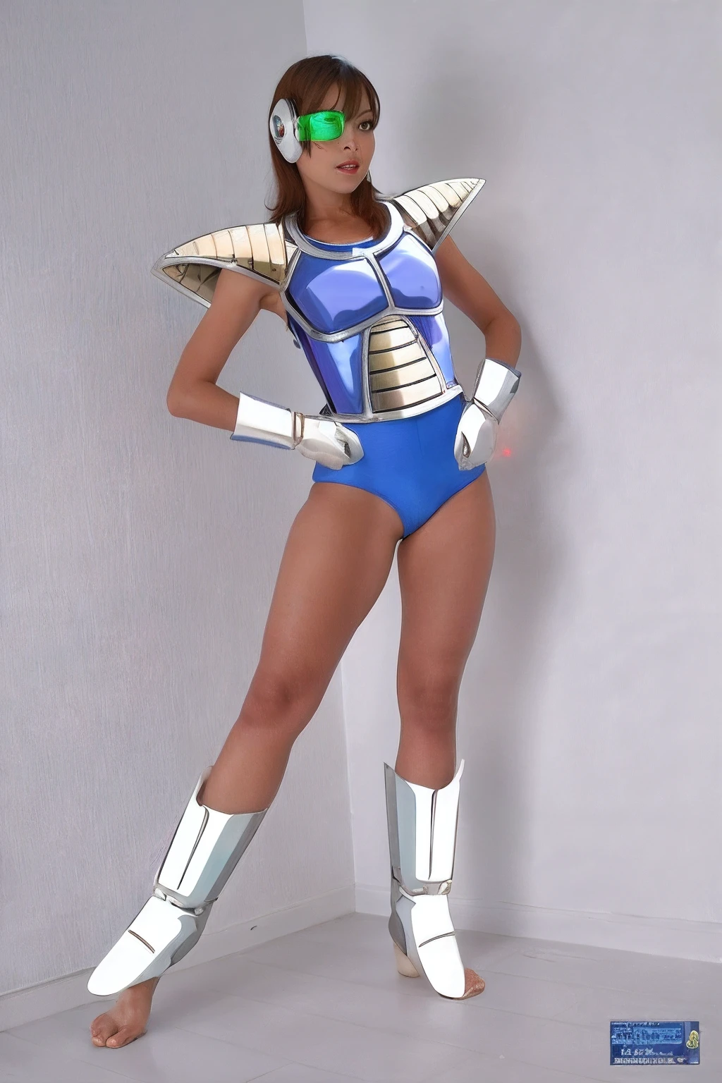 Alaf in blue and white costume poses for photo, saiyan armor, as a retro futuristic heroine, cyborg fashion model, in a space cadet outfit, saiyan girl, bikini armor female knight, costume with blue accents, Retrofuturistic Armor, krystal from star fox, gynoid cyborg body, inspired by Rob Liefeld, chrome bodysuit、8k、skintight