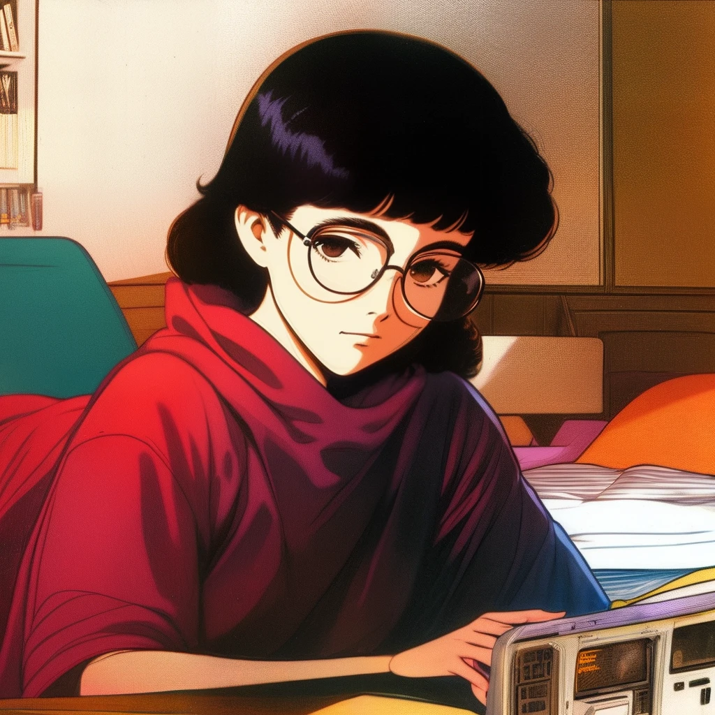 80s HQ, nerd using PC, black hair, glasses, front view, bedroom, low light, low saturation