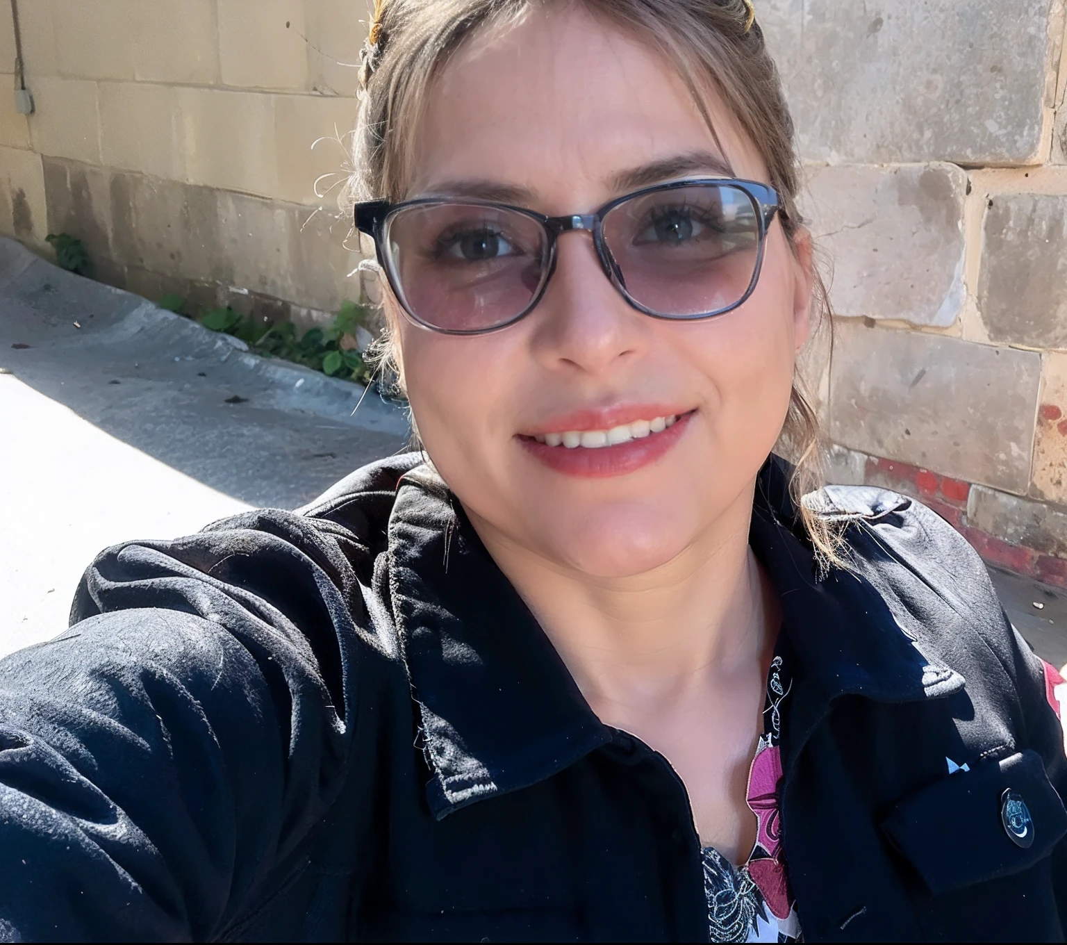 mulher sorridente tirando uma selfie com seu celular em frente a uma parede de tijolos, selfie shot straight on angle, selfie de uma jovem mulher, cerca de 3 1anos, Fotografia selfie 8k, 3 1 anos de idade mulher, Mulher de 31anos, ao sol, photo from behind, imagem de perfil, Lorena Avarez, com o sol brilhando sobre ele
