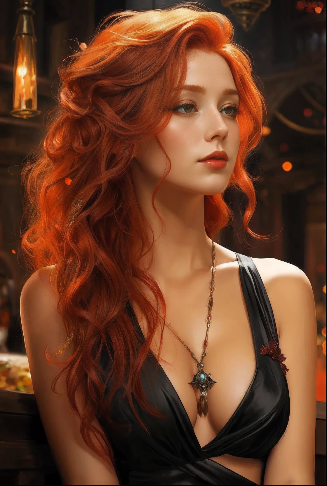 Eine Frau mit roten Haaren und einer Halskette in einem schwarzen Kleid, sehr realistisch, Goddess of Red Hair, beautiful character painting, beautiful fantasy art portrait, lindo pintura digital, redhead girl, Fantastische Charaktergrafik, Orangenhaut und langes, brennendes Haar, Beautiful red-haired woman, Jungfrau mit kupferfarbenem Haar, rothaarige Frau, Hyperrealistische Fantasy-Kunst, flowing red hair, Epic fantasy art portrait, Realistische Fantasy-Malerei