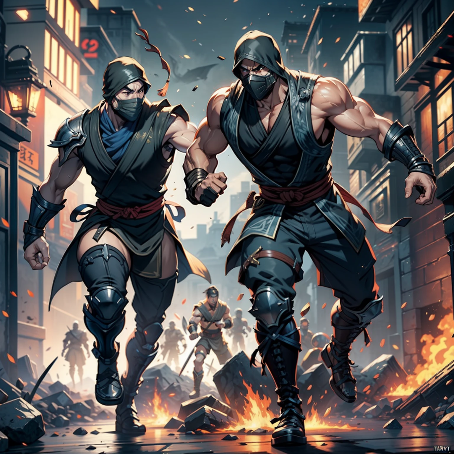 Mortal Kombat great Legendary War battle troy battle Epic War hyper realistic super detailed Dynamic poses large number of army