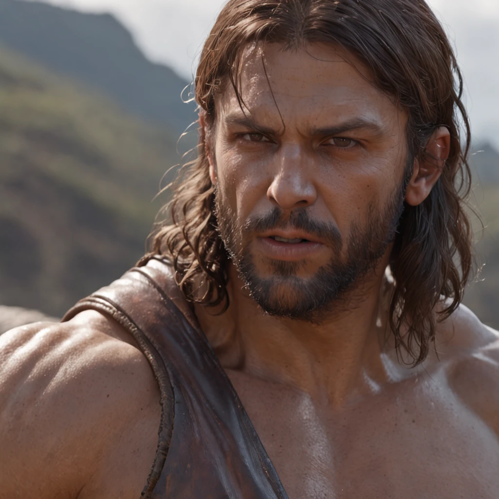 (Professional 3D rendering:1.3) de (Realistic:1.3) Foto de arte mais bonita do mundo,Features soft, bright male heroes, ((Epic hero fantasy rough muscular man wet hero angry look long hair short beard and fierce expression in dynamic pose, fantastic location, majestoso ambiente desordenado)), corpo inteiro 8k unidade render, action shot, poros da pele, very dark lighting, sombreamento pesado, circunstanciado, Rosto detalhado, (vibrante, fotogrdeia realista, Realistic, Dramatic, Escuro, foco nítido, 8k), (Old leather clothes damaged by bad weather:1.4), ((((Use peles)))), (intrincado:1.4), decadente, (altamente detalhado:1.4), pintura digital, rendering by octane, art stations, Conceito-Arte, liso, foco nítido, illustration, germe da arte, (Loish:0.23), Wlop Ilya Kuvshinov, e Greg Rutkowski e Alphonse Mucha Gracias, (global ilumination, studiolight, Light Volumetric), chuva forte, floating particles, patife, fantasia, Onze, corpo inteiroesbian, ((Fundo escuro e antigo da cidade:1.3)),CGSesociedade,art stations