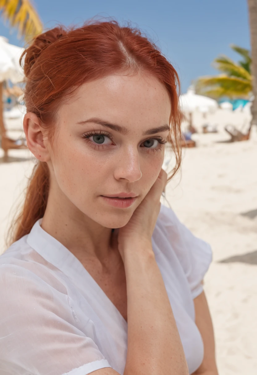 ((Sandalia de playa plana)),((Pantalones anchos palazzo blancos)) (blusa satine novia) ,((Sandalia de playa plana)),((cuerpo completo )),(((Hotel de lujo en Punta Cana )))(( Brazilian angelic girl REDHAIR bun girl )),(((cuerpo completo ))),(((Reloj de pulsera iwatch))),,(((cuerpo completo))),(( cuello )),(((Hotel de lujo en Punta Cana ))),(((cuerpo completo))),rough face, piel natural, alta calidad, NSFW, ojos hermosos, (cara y ojos detallados), ruido, extra, Foto real,.......PSD, Film photography with lamp, foco nítido, contrast lighting, Piel detallada, 8K High Resolution,realista, profesional photography, 8k UHD, SLR camera, soft illuminaotion, alta calidad, movie grain, ((Sony alpha a1)),((70mm))