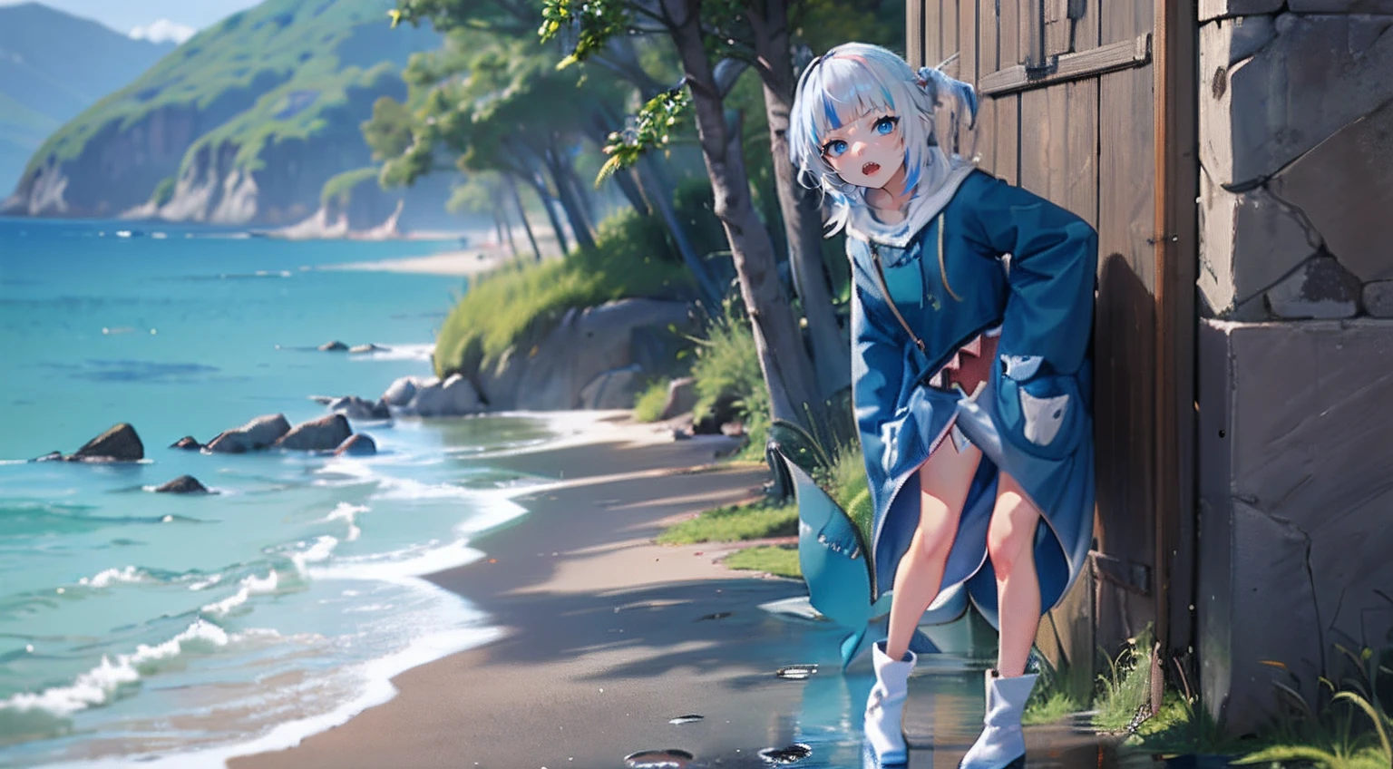 Gawr Gura, rainy beach, standing up seductively, dark blue baggy hoodie, wide mouth on hoodie white sharp teeth on mouth red inside of mouth on hoodie, white hair **blue ends on white hair** blue ocean eyes, closed mouth, full body, standing, white small boots, blue socks, looking up at viewer, shark tail connected to butt