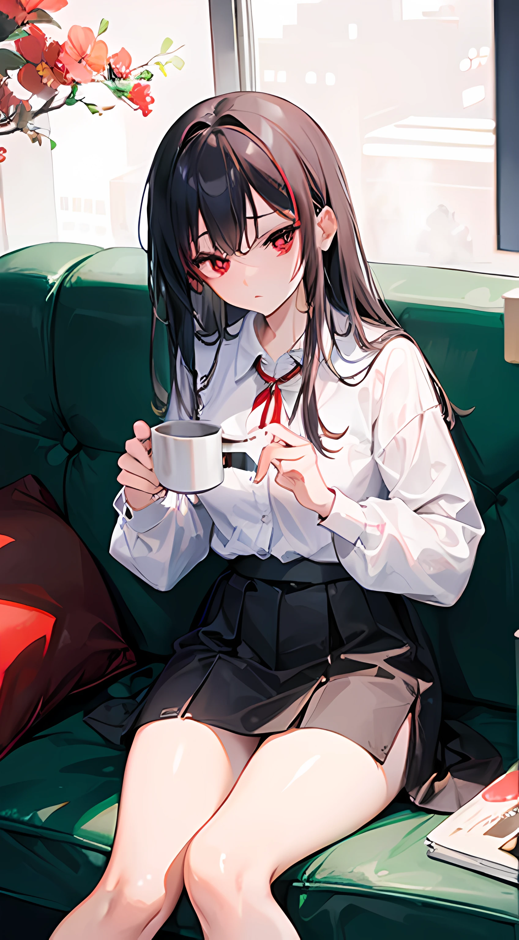 Sleepy girl with red eyes, slender legs, drowsy expression, sipping espresso from a mug