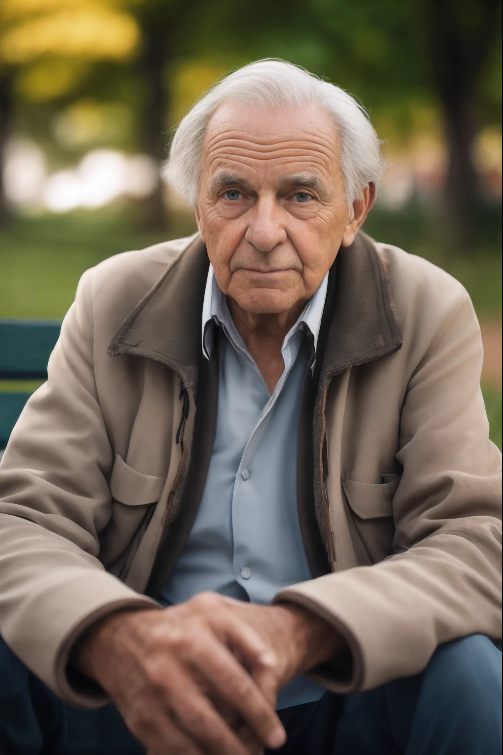homem mais velho sentado em um banco em um parque com um banco verde, O olhar de um idoso, homem triste, foto do retrato de um homem velho, foto de um homem, homem de cabelos grisalhos escuros, Retrato tirado 8 K, Christopher Lloyd como Belial, um homem muito triste, um homem de 80 anos, Directed by: Eugeniusz Zak, Directed by: Matija Jama