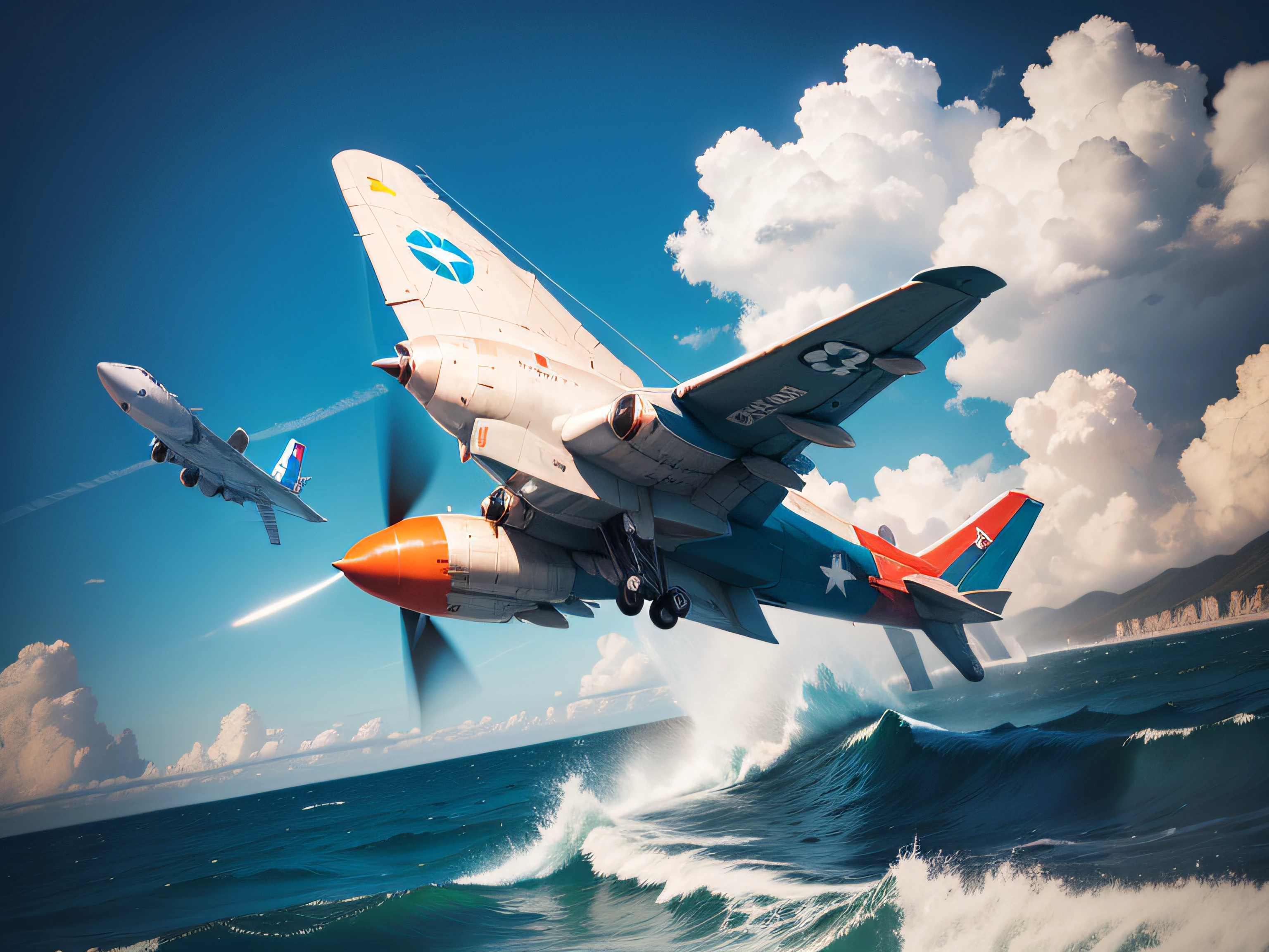 2 aviones de combate volando al raz del agua dejando una estela sobre el agua, cielo nublado, gran angular, fotorrealistas, Arte digital, Imagen del producto de alta calidad, fotorrealista, Hiperrealista, Kinematic, hiperdetallado, Beautiful color gradation, Motor irreal, DOF, Super resolution, Megapixels, Cinematic Lightning, Anti -aliasing, mapeo de tonos, insanely detailed and intricate, Hipermáximo, Hiperrealista, volumetic, fotorrealista, ultra fotorrealista, Ultradetallado, Detalles intrincados, Super detailed, a todo color