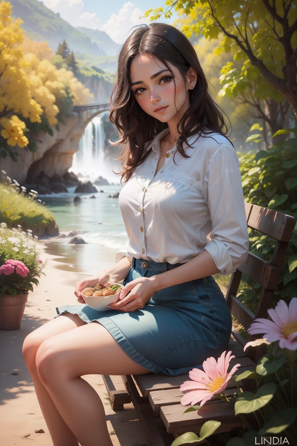 An impressive oil painting, super realista com uma mulher de meia-idade, linda, Youthful and healthy appearance, amidst nature. Ela sorri e caminha entre as flores de cores suaves, super realista, tons pasteis, lindas paisagens.