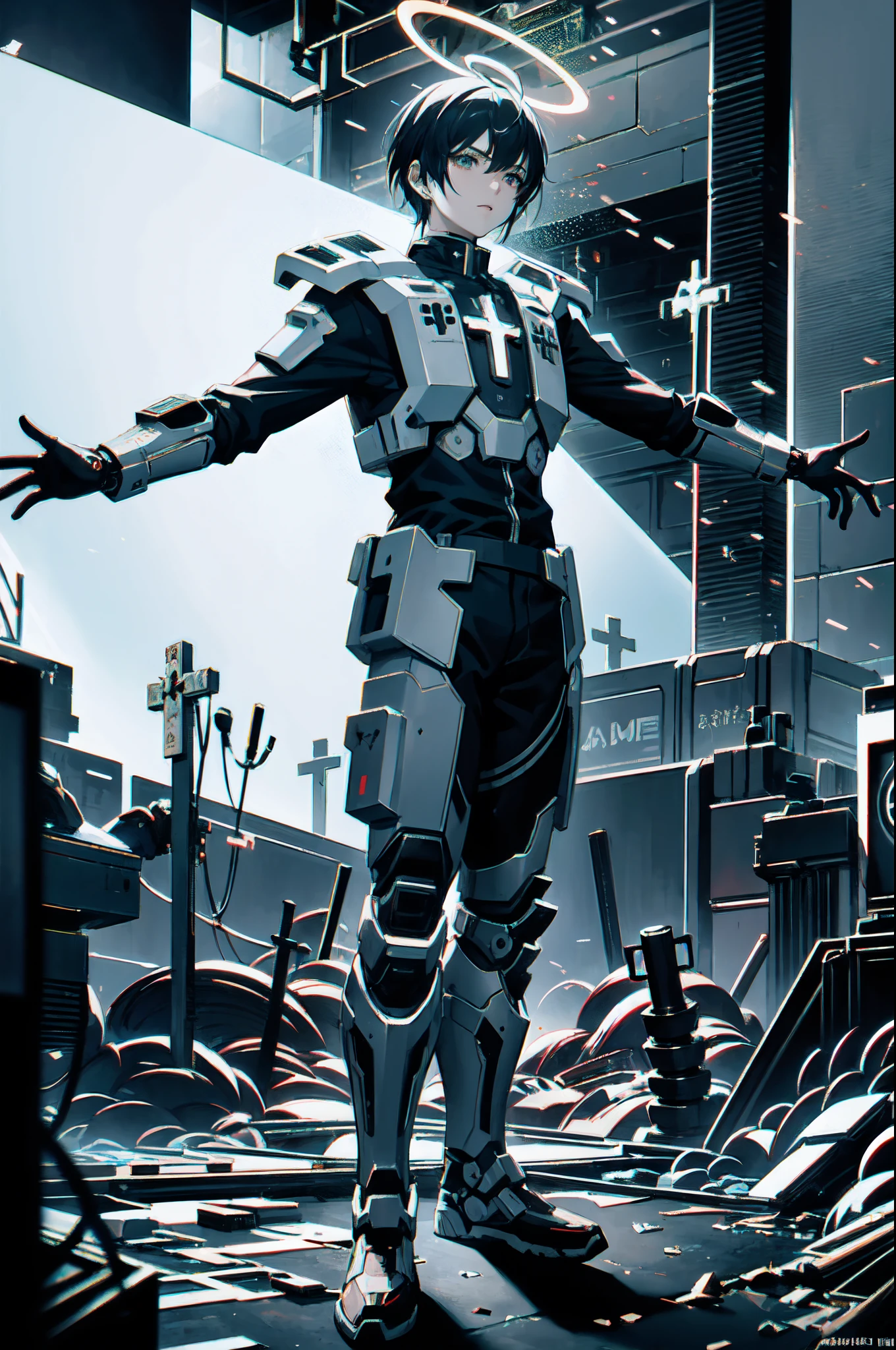 anime character in futuristic suit standing in a warehouse with arms outstretched, cyberpunk jesus christ, detailed cyberpunk illustration, scifi religious, epic graphic novel wallpaper, knights templar in a space suit, holy armor, dark high-contrast concept art, robot religion, ultra detailed game art, cyberpunk church, robot bishop guards, clothed in sci-fi military armor