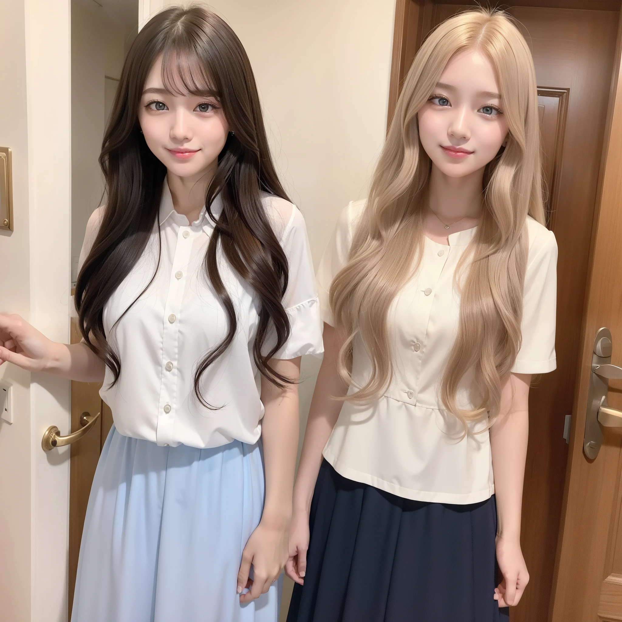 long yellow curly hair,pale eyes,The girl with the red-rimmed eyes said,Her voice was soft,The figure is also very good,The smile on her face is、It turns out that she is a friendly girl,Stand at the door of the department