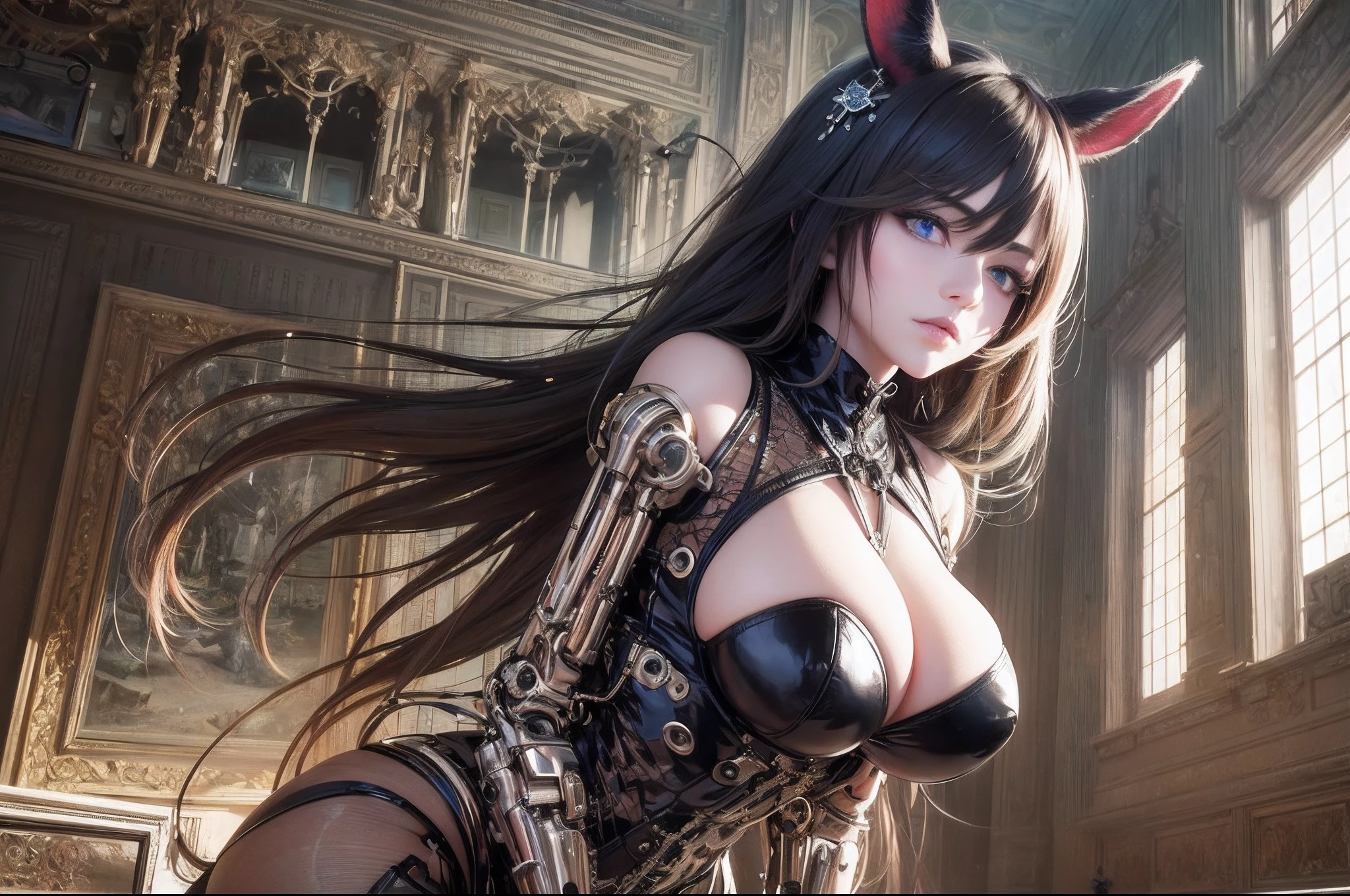 (((Perfect goth Face)))((cowboy shot)), (((masterpiece))), (((best quality))), ((ultra-detailed)), (highly detailed CG photography ), ((an extremely delicate and beautiful)),, cinematic light,(((1mechanical woman ))),solo,curvy figure, ((big hips)), ((upper torso hanging by wires)), thick blonde hair, curvy woman in a cow print latex suit, skin tight zerofit , ((huge breasts)) , wearing cow ears, dairy farm, 32k, best quality, masterpiece:1.2), 1 girl, 3d, perfect breasts, thick lips, realistic, shirt, solo, stomach, beautiful delicate face, highly detailed beautiful delicate smoky eyes ((Hanging by wires and tubes)), (machine made joints:1.2),((mechanical limbs)),(blood vessels connected to tubes), Italian RENAISSANCE PAINTING of extremely elegant,Promptmuse buxom, bunni-xxx, detailed smoky eyes, emo wench , rock star, black red hair ,leather bridal straps and suspenders tubes connected , Vantablack perfect composition, cinematic back lighting,art by Caravaggio - (mechanical vertebra attaching to back),((mechanical cervial attaching to neck)),(sitting),expressionless, (chest covered), (wires and cables attaching to neck:1.2),(wires and cables on head:1.2),(character focus),science fiction, extreme detailed, colorful, highest detailed, broomriding a concept akira motorcycle .,Gentiana
,(realistic, photo realistic:1) HDR, 32k, UHD, best quality, smooth skin, blue eyes, photography by Mario testino , f/11, 80mm --auto --s2