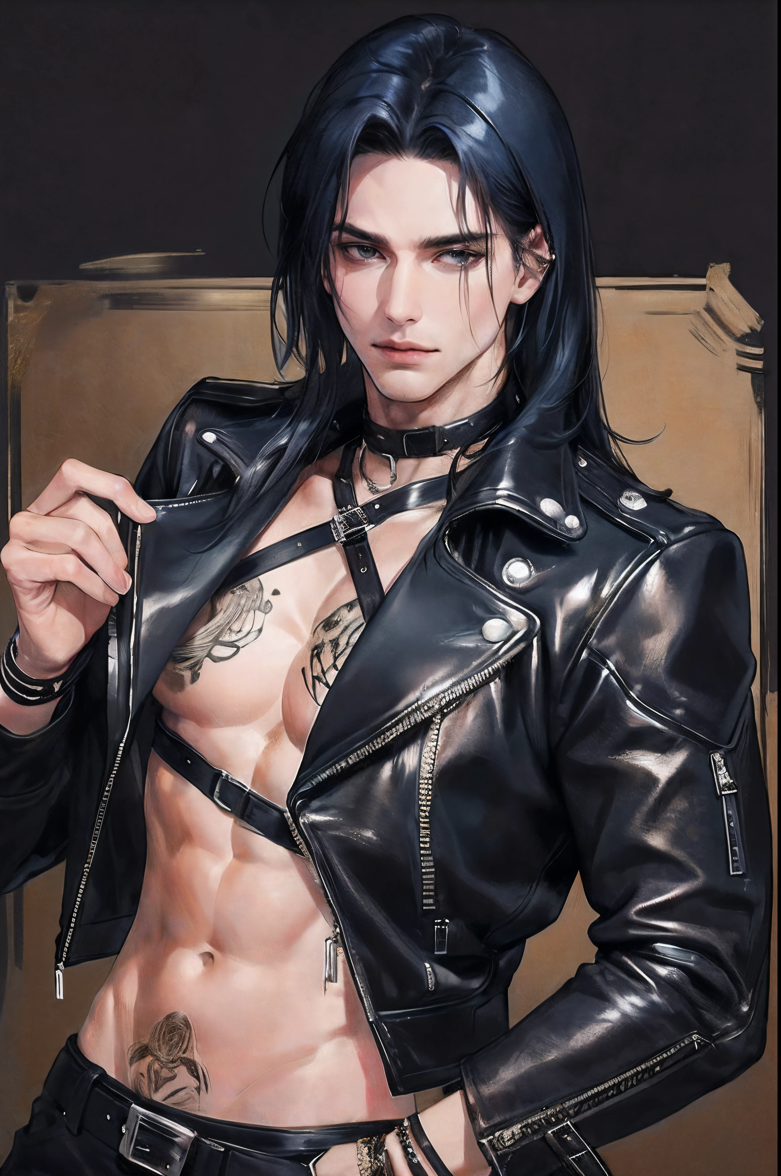 cover for a book, photography of a heavy metal star, a solo man, (((man))), (masculine face), 25 years old, singer, bad boy, (black eyes), expressive look, long dark blue black hair, (((bar background))), straight hair, blueshine hair, unshaven, black leather jacket, long sleve jacket, leather pants, chest tattoo, super detailed face, perfect body, perfect shapes, realistic image, award winning photography, 8k,