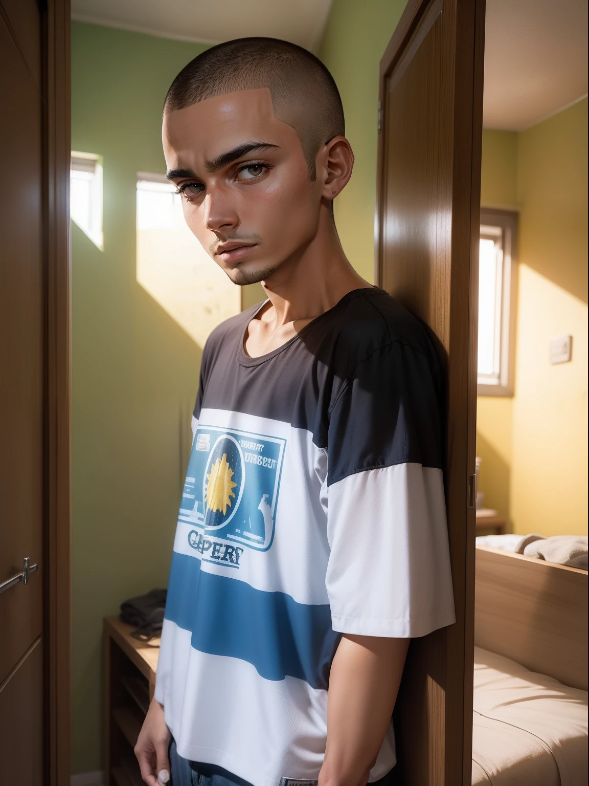 adolescente careca no quarto