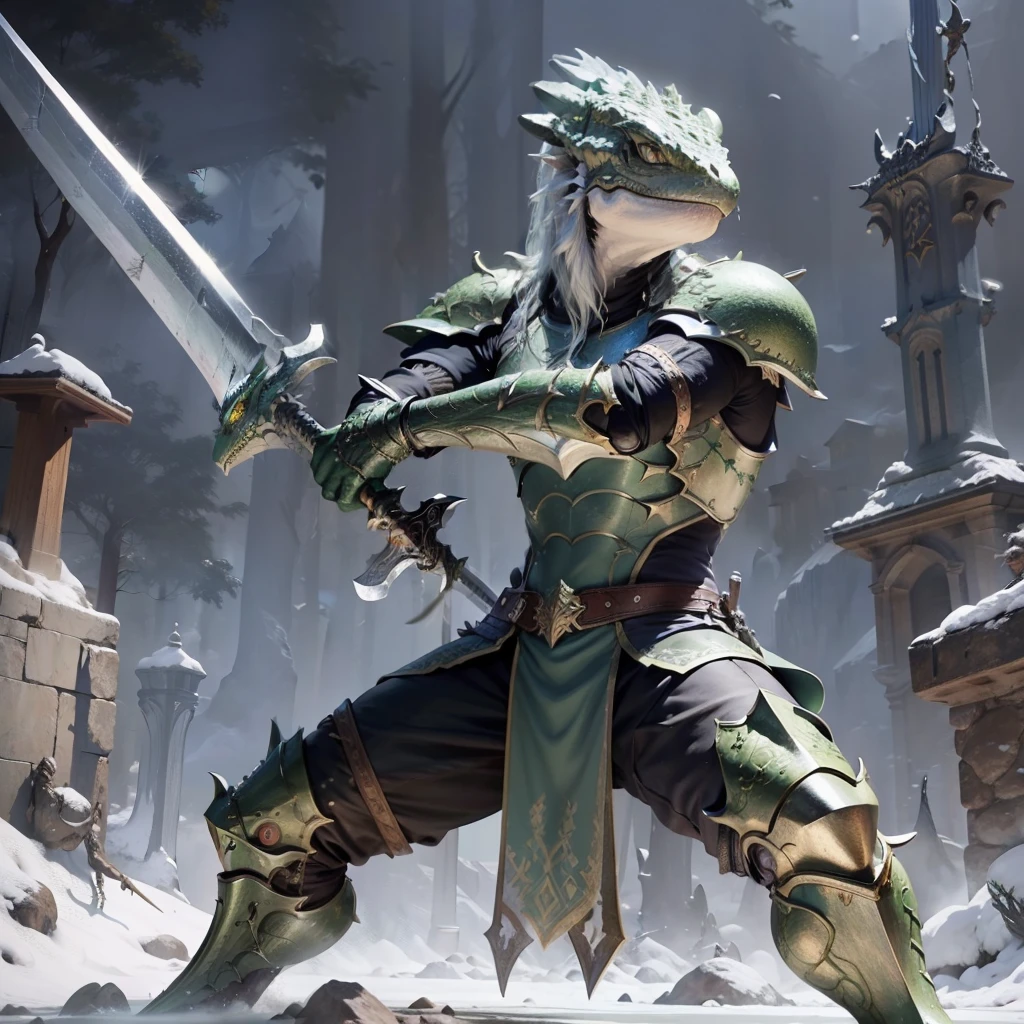 lizard swordman, full body armor, holding greatsword, battle stance, green scales, detailed, masterpiece, fantasy