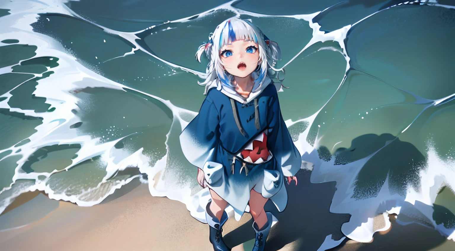 Gawr Gura, rainy beach, standing up seductively, dark blue baggy hoodie, wide mouth on hoodie white sharp teeth on mouth red inside of mouth on hoodie, white hair **blue ends on white hair** blue ocean eyes, closed mouth, full body, standing, white small boots, blue socks, looking up at viewer, shark tail connected to butt