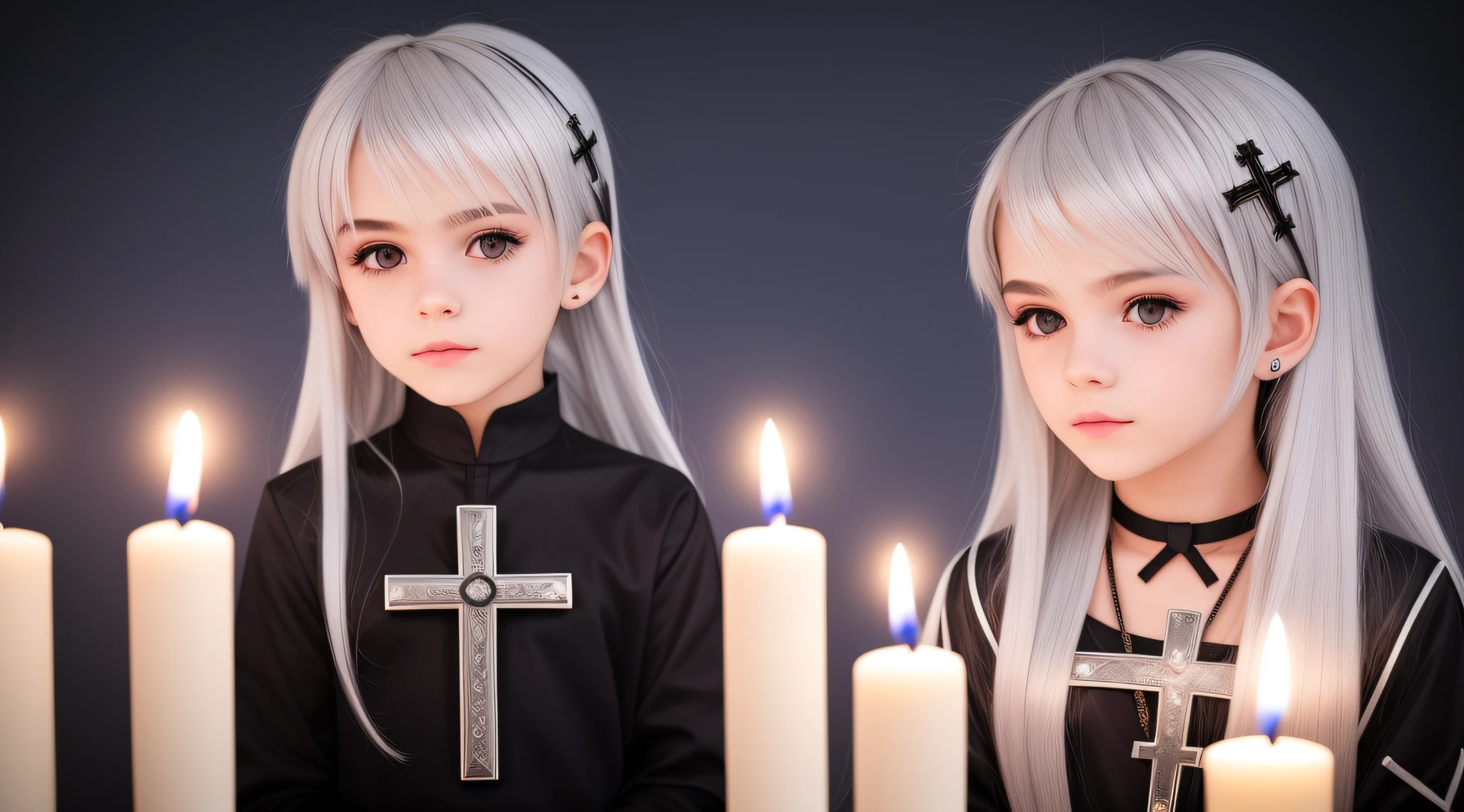SILVER HAIR KIDS CABELO LONGO, Gothic cross, cruz, CROSSES WITH LIT CANDLES in hand.