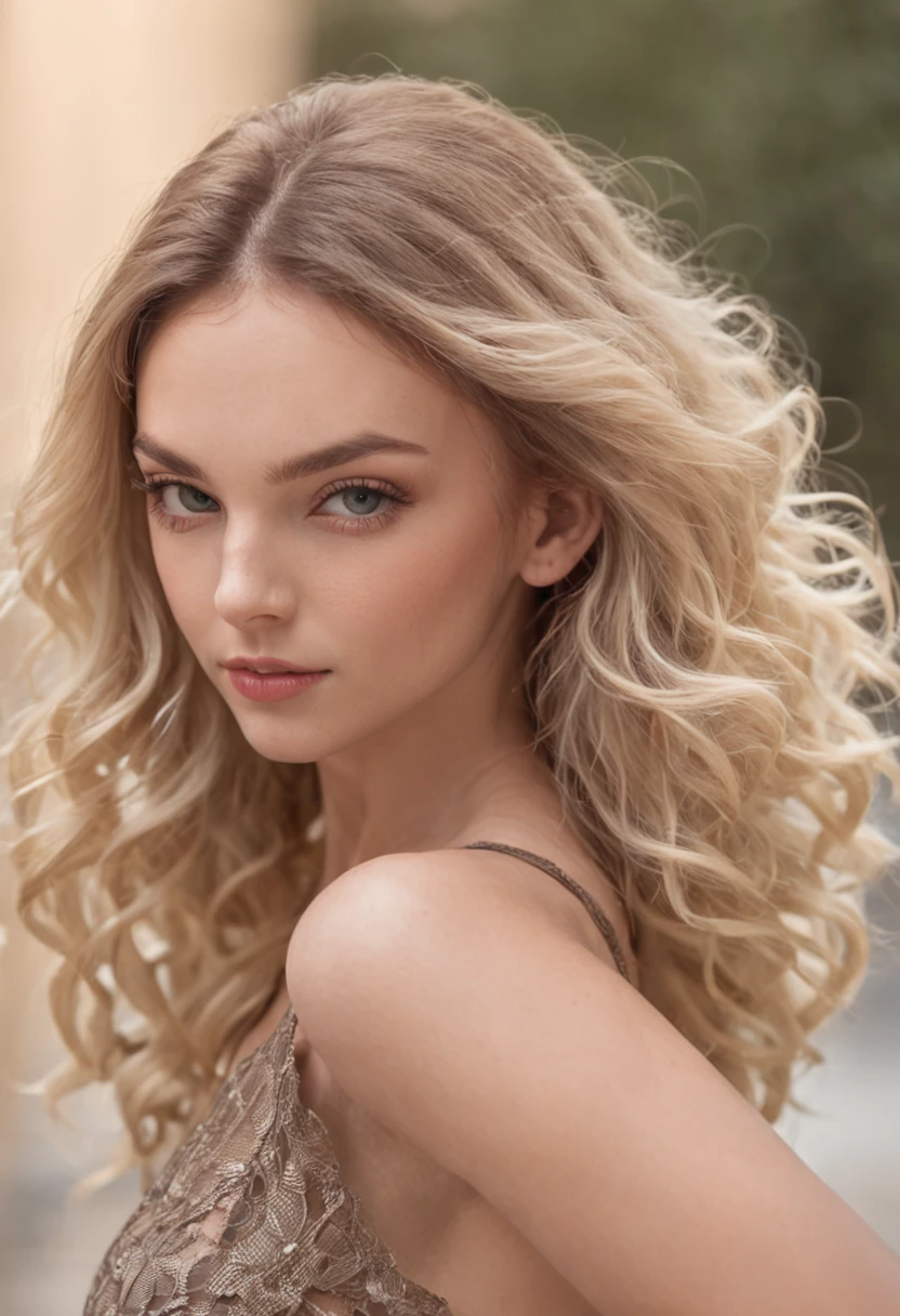 Sexy woman, 20 years old, slim, athletic, tanned skin, big breasts, narrow waist, curly blonde hair, instagram model, realistic, instagram picture, photography, genuine, natural. dubai scenery, tall buildings hands holding hair behind her head