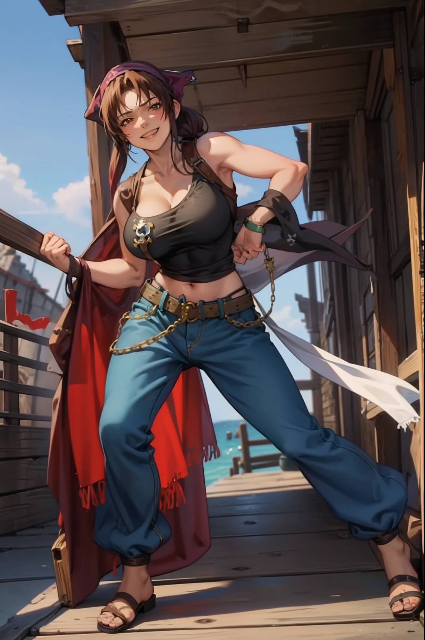 1GIRL,REVY, BIG BREASTS,MUSCUALR FEMALE,, full body, crazy smile, pirate clothing, bandana, holding (lance), pants, pirate costume, coastal village, medieval,