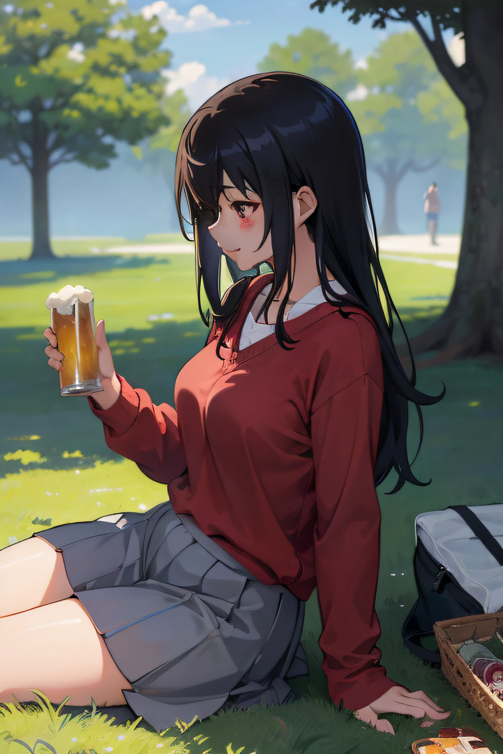(masterpiece:1.4), (best qualit:1.4), (high resolution:1.4), portrait, ogaki_chiaki, outdoors, smile, beer, tent, red eyes ,anime girl in red shirt, picnic, sitting on stomach, on carpet, grassland, trees, bright, landscape, smooth anime cg art, profile of anime girl, painted in anime painter studio, digital anime illustration, makoto shinkai. digital render, a hyperrealistic schoolgirl, realistic schoolgirl, made with anime painter studio, hyperrealistic schoolgirl, anime girl portrait profile, shirobako