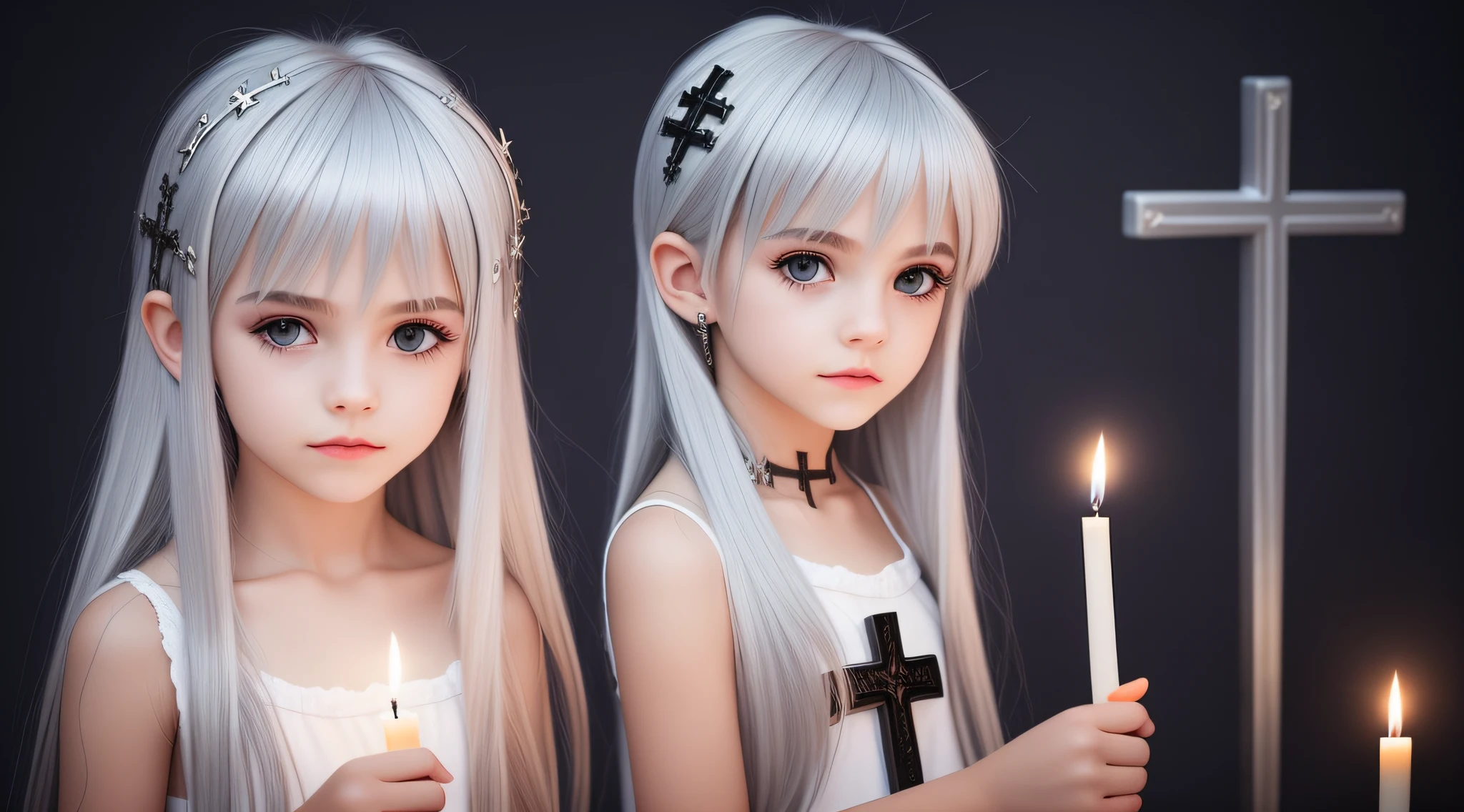SILVER HAIR KIDS CABELO LONGO, Gothic cross, cruz, CROSSES WITH LIT CANDLES in hand.