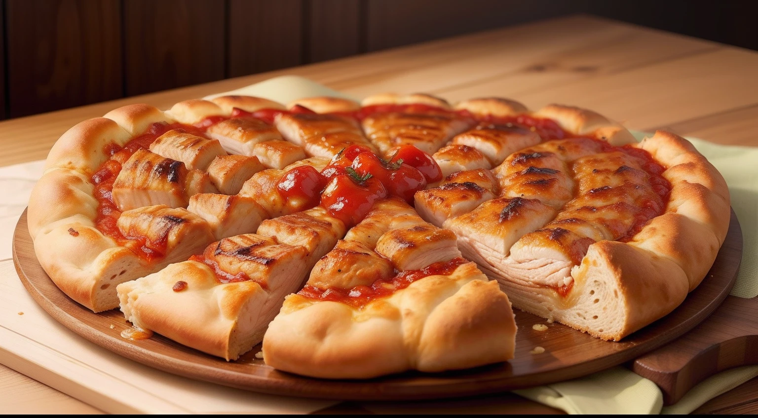 Crie uma imagem de close-up de uma pizza de frango com barbecue, emphasizing the juicy pieces of grilled chicken and the barbecue sauce spread evenly.